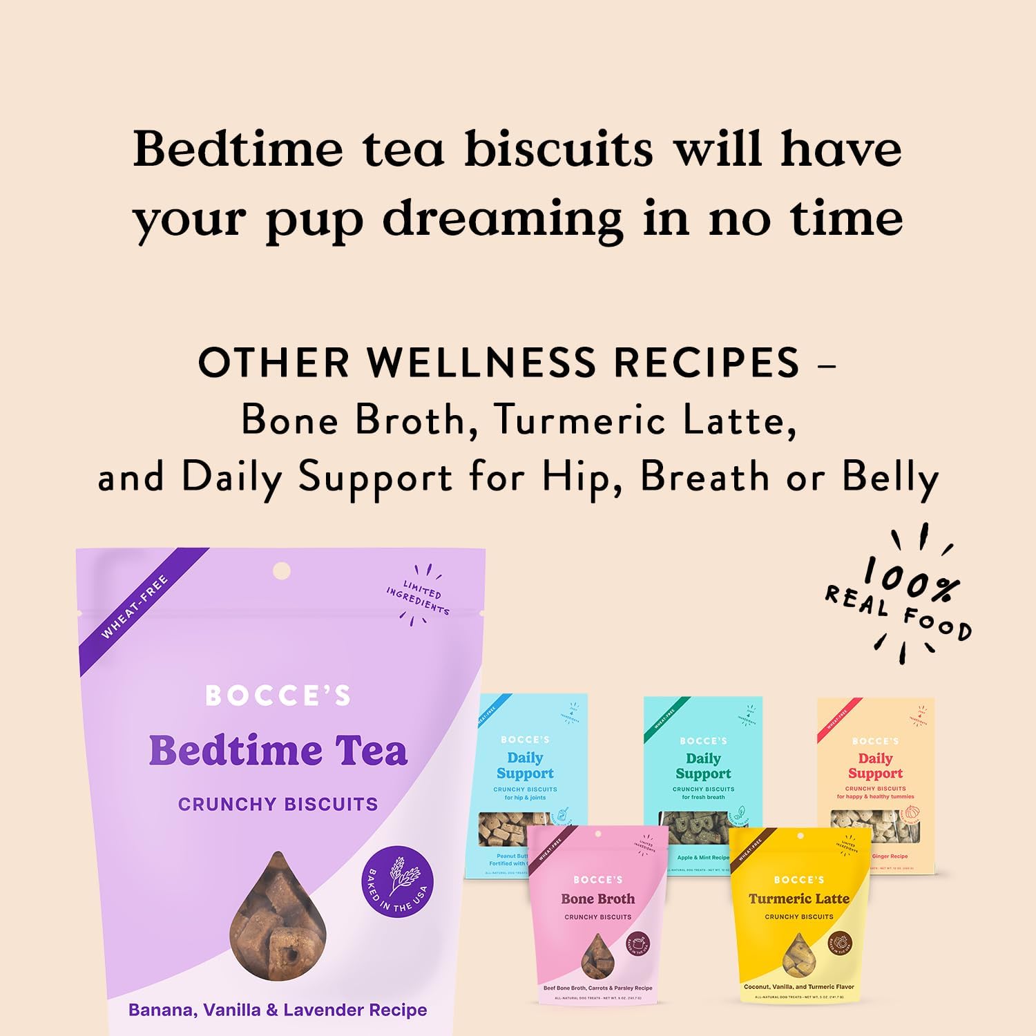 Bocce's Bakery Oven Baked Bedtime Tea Treats for Dogs, Wheat-Free Everyday Dog Treats, Made with Real Ingredients, Baked in The USA, All-Natural Biscuits, Banana, Vanilla, & Lavender, 5 oz : Pet Supplies