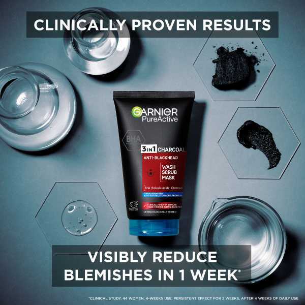 Pure Active 3In1 Charcoal Blackhead Mask Wash Scrub 150Ml
