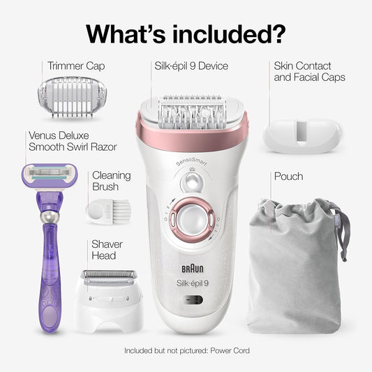 Braun Epilator Silk-Épil 9 9-870, Facial Hair Removal For Women, Hair Removal Device, Wet & Dry, Women Shaver & Trimmer, Cordless, Rechargeable, With Venus Extra Smooth Razor