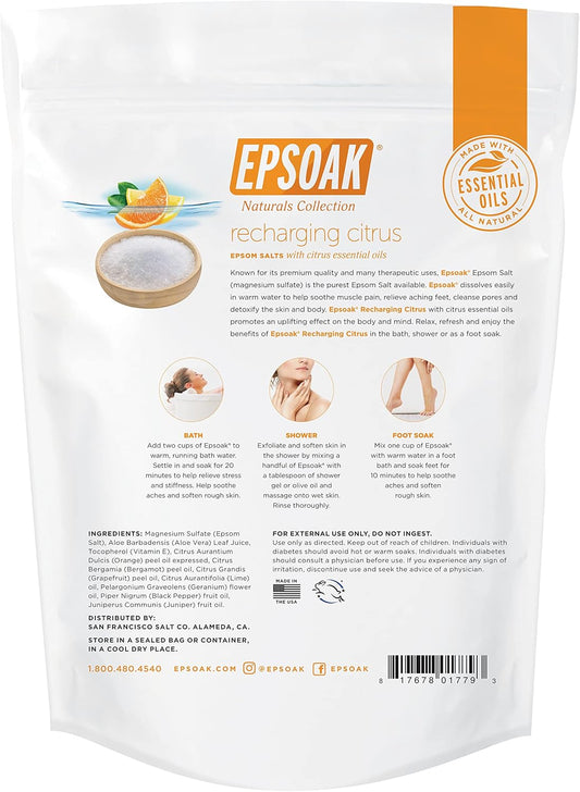 Epsoak Epsom Salt 2 Lb. Magnesium Sulfate Usp. (Qty. 1 X 2Lb. Bag), Recharging Citrus Scented, Resealable Epsom Salt Bag, Made In The Usa, Cruelty-Free Certified