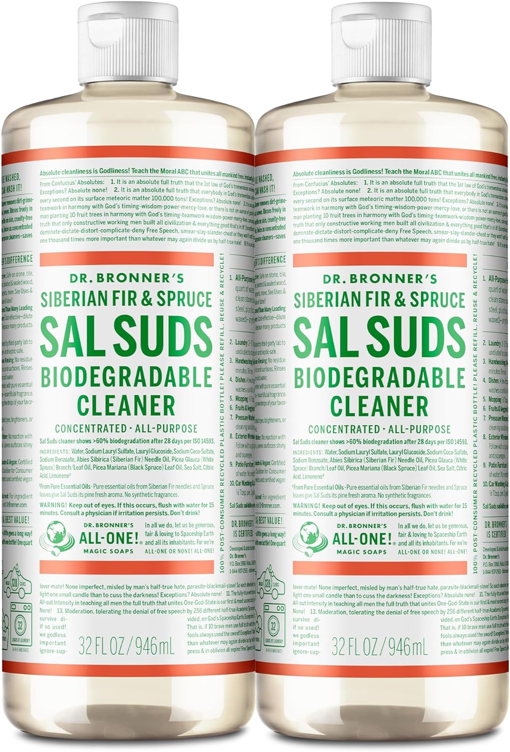 Dr. Bronner's - Sal Suds Biodegradable Cleaner (32 Ounce, 2-Pack) - All-Purpose Cleaner, Pine Cleaner for Floors, Laundry and Dishes, Concentrated, Cuts Grease and Dirt, Powerful Cleaner, Gentle