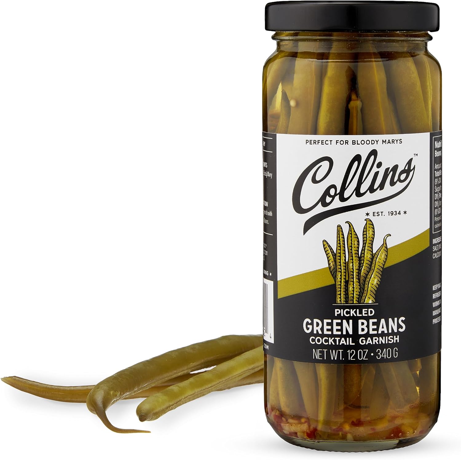 Collins Gourmet Pickled Green Beans for Cocktails - Premium Condiment Garnish for Cocktails, Bloody Mary Condiments or Salads, 12oz