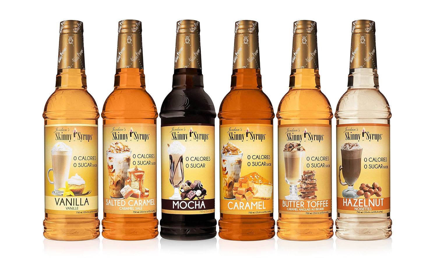 Jordan'S Skinny Syrups Sugar Free Coffee Syrup, Vanilla, Salted Caramel, Hazelnut, Mocha, Butter Toffee, And Caramel Syrups, Zero Calorie Flavoring, 25.4 Fl Oz (Pack Of 6), Sampler Variety Pack
