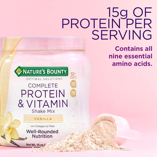 Nature'S Bounty Complete Protein & Vitamin Shake Mix With Collagen & Fiber, Contains Vitamin C For Immune Health, Vanilla Flavored, 16 Oz