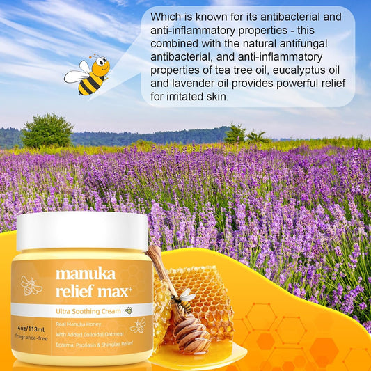 Eczema Psoriasis Manuka Relief Honey Cream, Hand Foot, Tinea Versicolor, Itchy Feet, Butt, Anal Itch, Scalp Dandruff, Bee Sting, Bites, Boil Cyst, Armpit, Adults Kids, Natural Organic Soothing