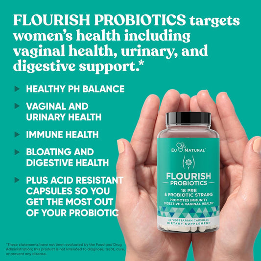 Flourish Probiotics + Prebiotics For Women – Gut And Digestion, Urinary Tract, Reduce Bloating, Vaginal Health – 18 Clinically Proven Strains, 14 Billion Cfu – 30 Shelf-Stable Mini Vegan Capsules