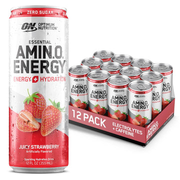 Optimum Nutrition Amino Energy Sparkling Hydration Drink, Electrolytes, Caffeine, Amino Acids, Bcaas, Sugar Free, Juicy Strawberry, 12 Fl Oz, 12 Pack (Packaging May Vary)