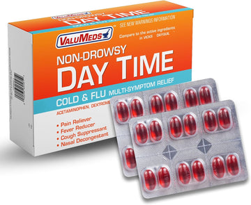 ValuMeds Daytime Cold & Flu Medicine for Adults | Multi-Symptom Relief for Severe Congestion, Headache, Sore Throat, Aches and Pains, Fever | Compare to Dayquil (Daytime, 48 Count)