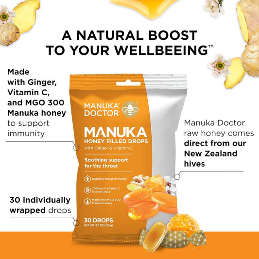 Manuka Doctor Cough Drops, Manuka Middles, 30 Count Honey Filled Lozenges With Vitamin C And Ginger To Help Support The Immune System, Soothing For Dry, Sore Throat, 4.7 Oz