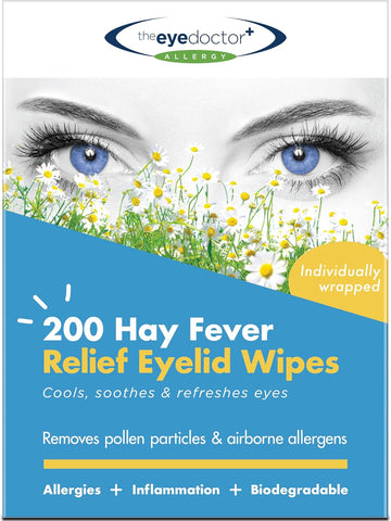 The Eye Doctor Hay Fever Relief Eyelid Wipes - 200X Single Use Eye Wipes For Allergy & Hayfever - Inflammation, Watery Itchy Eyes, Headaches & Migraines - Cooling Soothing Relief
