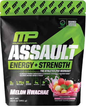Muscle Pharm Assault Energy & Strength Pre Workout Powder For Men & Women With Beta Alanine, Caffeine, Creatine & Betaine Anhydrous, Pre-Workout Supplements, 30 Servings, Hwachae Melon Flavor