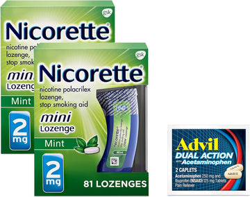 Nicorette 2 mg Mini Nicotine Lozenges to Help Stop Smoking - Mint Flavored Stop Smoking Aid, 2-Pack, 81 Count, Plus Advil Dual Action Coated Caplets with Acetaminophen, 2 Count