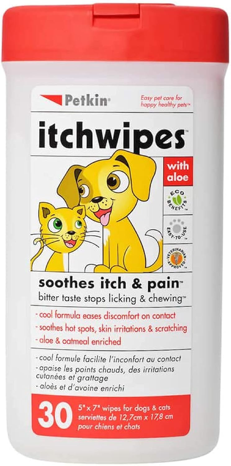 Petkin Anti Itch Wipes for Dogs and Cats - Soothes Hot Spots, Skin Irritations and Scratching - Bitter Taste Stops Licking and Chewing - Super Convenient, Ideal for Home or Travel - 30 Wipes