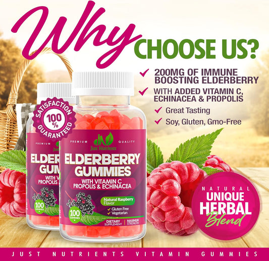 Elderberry Sambucus Gummies With Vitamin C, Echinacea, Propolis (100 Count) - Immune Support For Adults & Kids - Extra Strength, Great Tasting Raspberry Flavor - Gluten-Free, Vegan - 100 Gummies