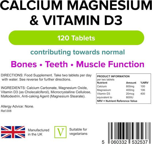 Lindens - Calcium Magnesium & Vitamin D - 120 Tablets - UK Made - Contributes to Normal Bone, Teeth, Muscle & Immune Function, Reduce Tiredness & Fatigue - Letterbox Friendly : Amazon.co.uk: Health & Personal Care