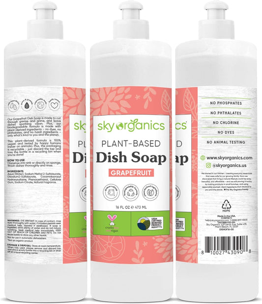 Sky Organics Grapefruit Dish Soap (16 fl oz x 2 Pack) Bio-Based Liquid Grease Cutting Soap, Cruelty-Free, Biodegradable Formula