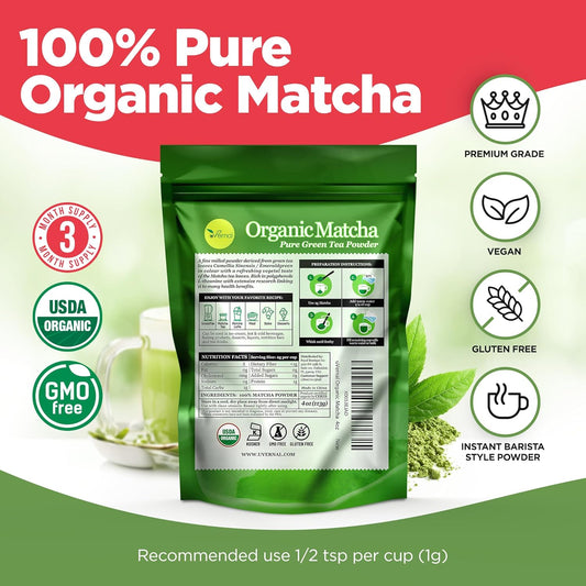 Uvernal Organic Matcha Green Tea Powder - 100% Pure Matcha For Smoothies Latte And Baking Easy To Mix - 4Oz Kosher Pareve