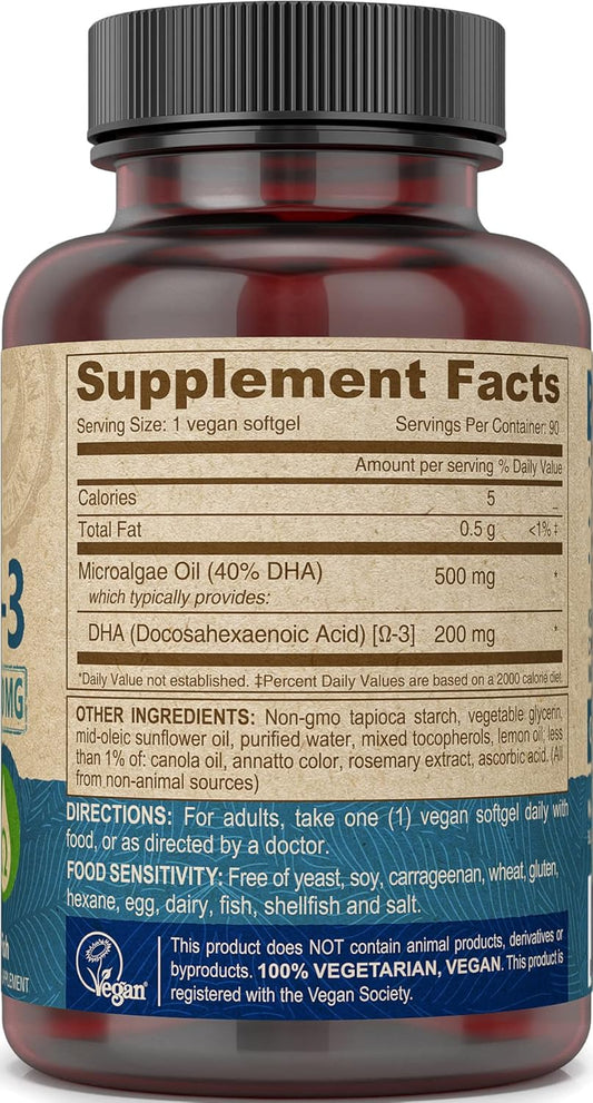 DEVA Vegan Omega-3 DHA Supplement, Once-Per-Day Softgel 200 MG, Carrageenan Free, Gelatin Free, Non-Fish, Algae Oil, Omega-3 Fatty Acids - 90 Softgels (Pack of 2)