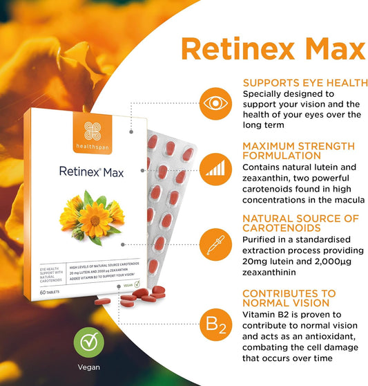 Healthspan Retinex Max (60 Tablets) | Long Term Vision and Eye Health | 20mg Lutein & 2,000ug Zeaxanthin | Added Vitamin B2 Contributes to Normal Vision | Natural Source Carotenoids | Vegan