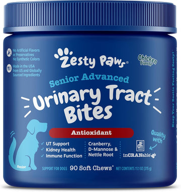 Zesty Paws Senior Cranberry Supplement For Dogs - Bladder Bites For Dogs - Kidney & Urinary Tract For Dogs - Soft Chews With D-Mannose, Vitamin B6 & L-Arginine - Chicken - 90 Count