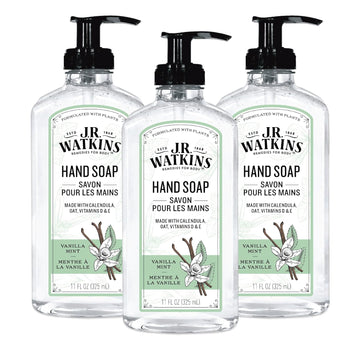 J.R. Watkins Gel Hand Soap With Dispenser, Moisturizing Hand Wash, All Natural, Alcohol-Free, Cruelty-Free, Usa Made, Vanilla Mint, 11 Fl Oz, 3 Pack