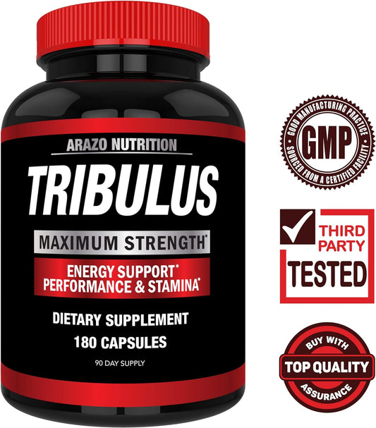 Arazo Nutrition Tribulus Terrestris 1500Mg Extract Powder – 180 Capsules - Energy Booster With Estrogen Blocker