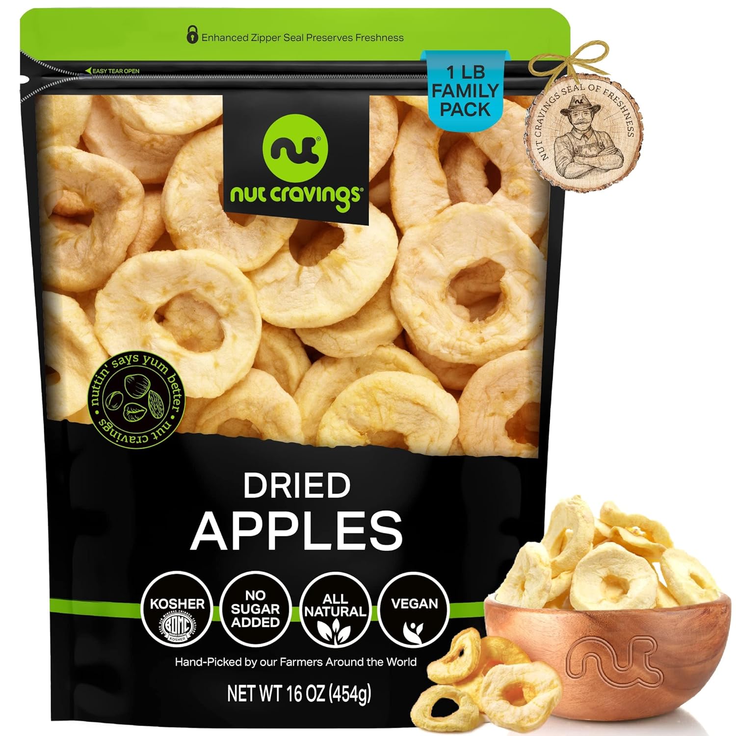 Nut Cravings Dry Fruits - Dried Apple Rings Slices, No Sugar Added - Chewy Soft Texture (16Oz - 1 Lb) Packed Fresh In Resealable Bag - Sweet Snack, Healthy Food, All Natural, Vegan, Kosher Certified