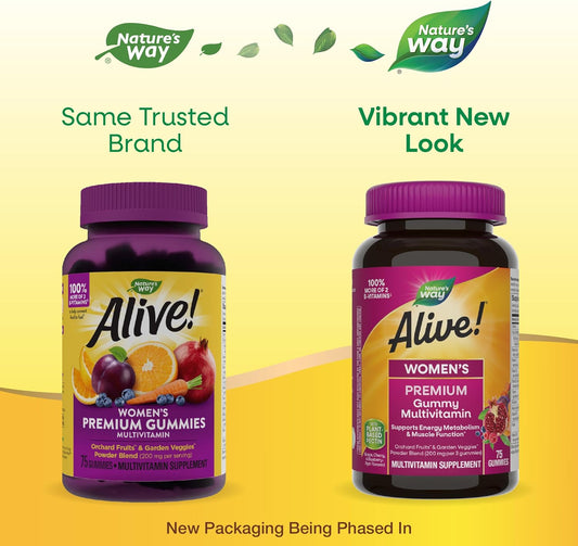 Natures Way Alive! Premium Womens Gummy Multivitamin, Supports Energy Metabolism, Muscle Function*, B-Vitamins, Grape, Cherry, & Blueberry-Acai Flavored, 75 Gummies (Packaging May Vary)