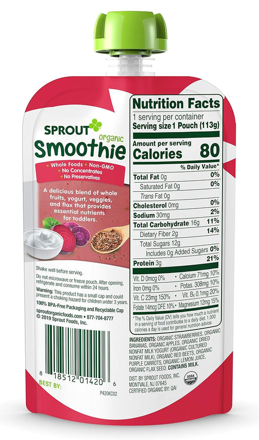 Sprout Organic Toddler Smoothie, Strawberry Banana W/ Yogurt, 4 Ounce Pouch (Pack Of 6)