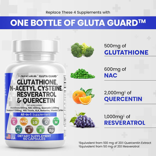 Clean Nutraceuticals Glutathione 500Mg Supplement With Vitamin C N Acetyl Cysteine 600Mg Berberine 1000Mg Resveratrol Quercetin Alpha Lipoic Acid - Reduced L Glutathion Free Form Women 60 Ct Usa Made