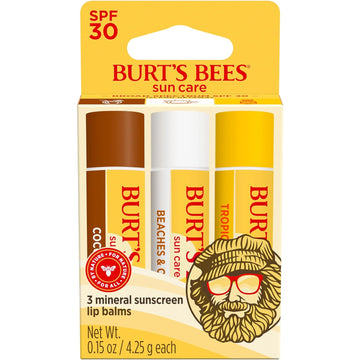 Burt’s Bees SPF 30 Lip Balm Mothers Day Gifts for Mom, Island Getaway - Coco Loco, Beaches & Cream, Tropic Like It's Hot, Water-Resistant Sun Care, Natural Origin Lip Treatment, 3 Tubes, 0.15 oz