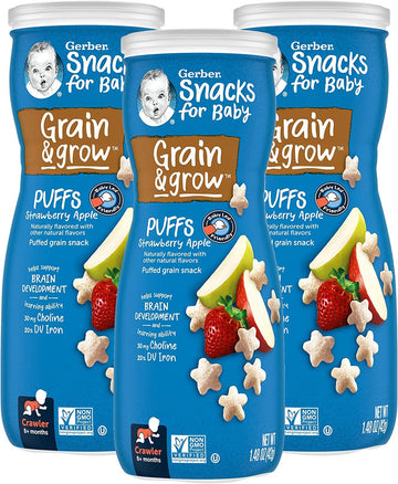 Gerber Snacks for Baby Grain & Grow Puffs, Strawberry Apple, 1.48 OZ (Pack of 3)