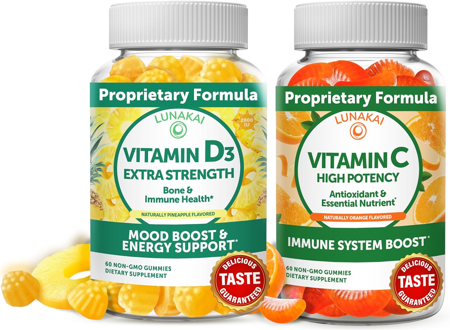 Vitamin D3 and Vitamin C Gummies Bundle - Non-GMO, Gluten Free, No Corn Syrup, All Natural Supplements- 60 ct Vitamin D3 Gummies and 60 ct Vitamin C Gummies - 30 Days Supply