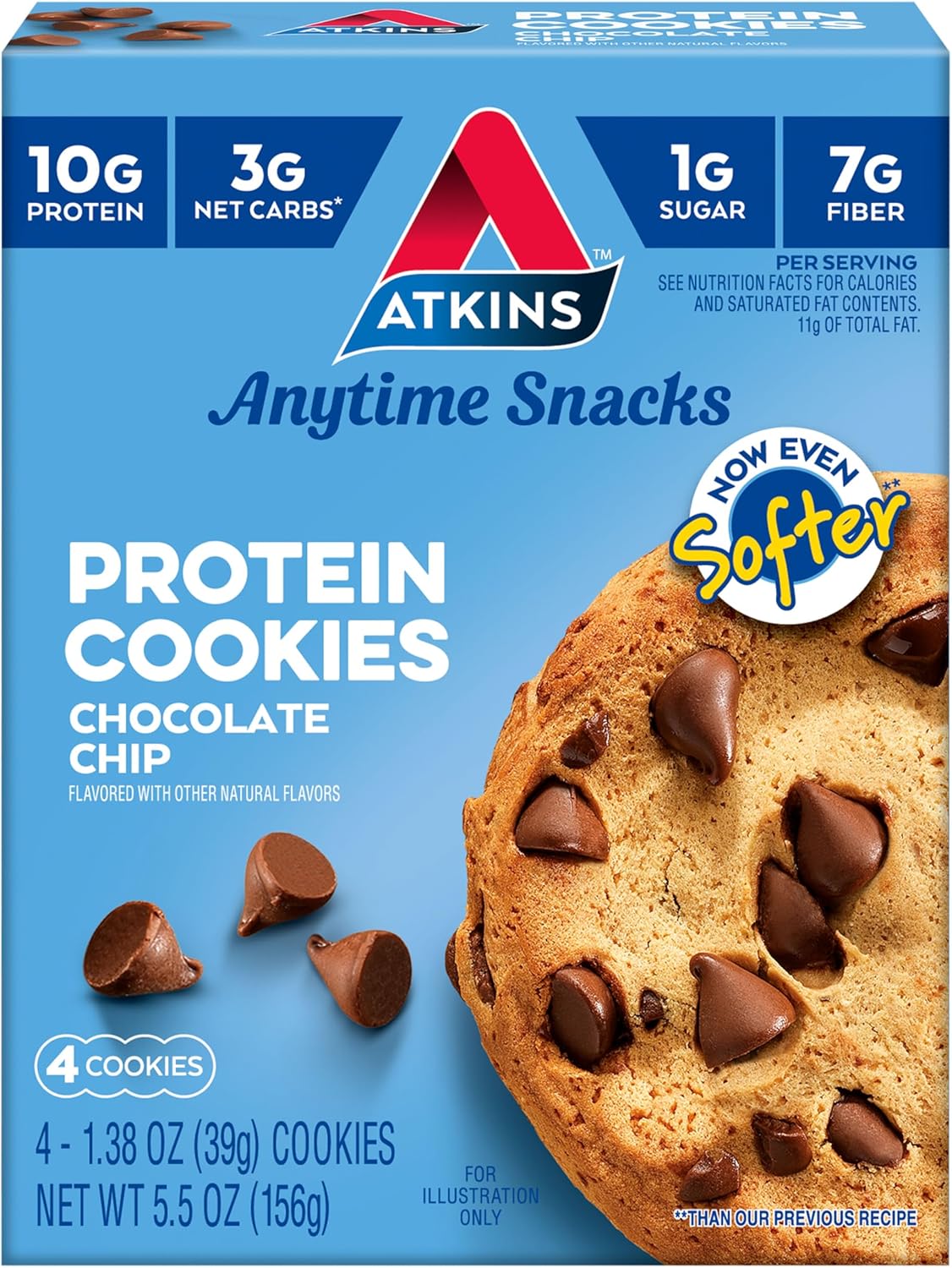 Atkins Chocolate Chip Protein Cookie, Protein Dessert, Rich In Fiber, 3G Net Carb, 1G Sugar, Keto Friendly, 4 Count