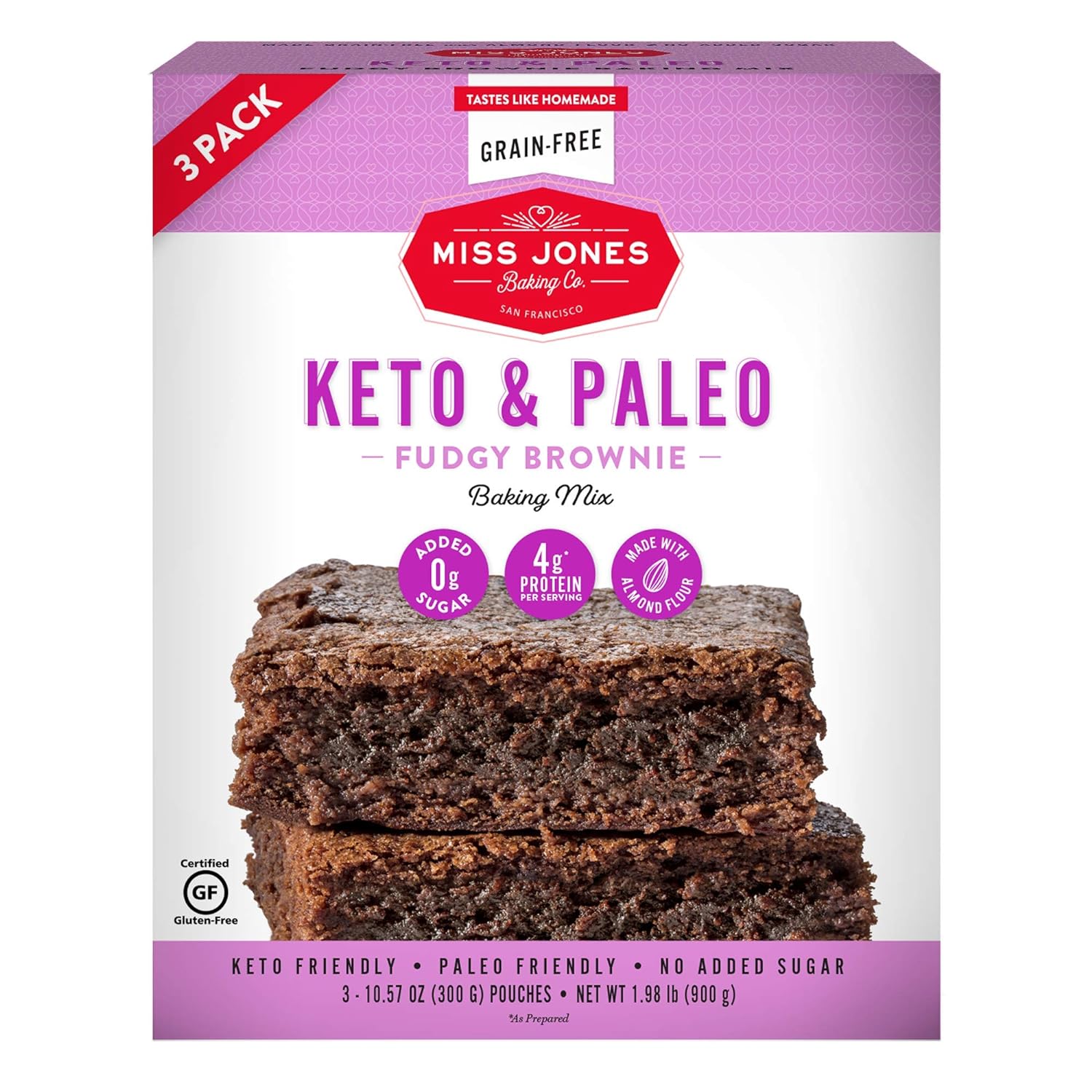 Miss Jones Baking Keto Brownie Mix - Gluten Free, Low Carb, No Sugar Added, Naturally Sweetened Desserts & Treats - Diabetic, Atkins, WW, and Paleo Friendly (3 Count Case)