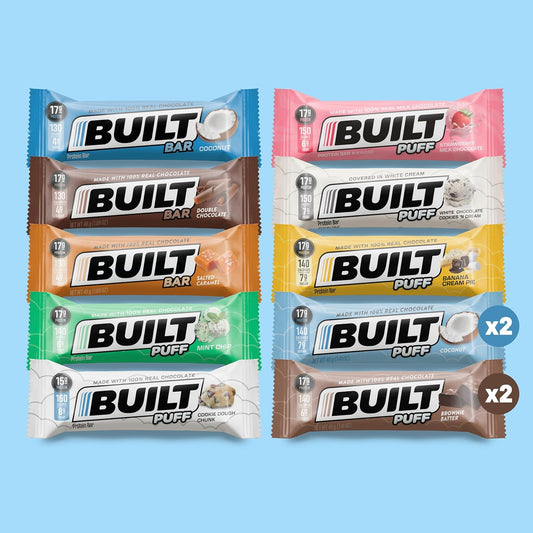 Built Protein Bars Variety Pack, 17G High Protein Bars, On-The-Go Protein Snacks & Breakfast Bar - Mixed Sampler Box: 3 Bars & 9 Puffs