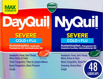 Vicks Dayquil & Nyquil Severe Co-Pack, Cold & Flu Medicine, Relief For Headache, Fever, Sore Throat, Minor Aches & Pains, Nasal Congestion, Sinus Pressure, Stuffy Nose, & Cough, 48Ct