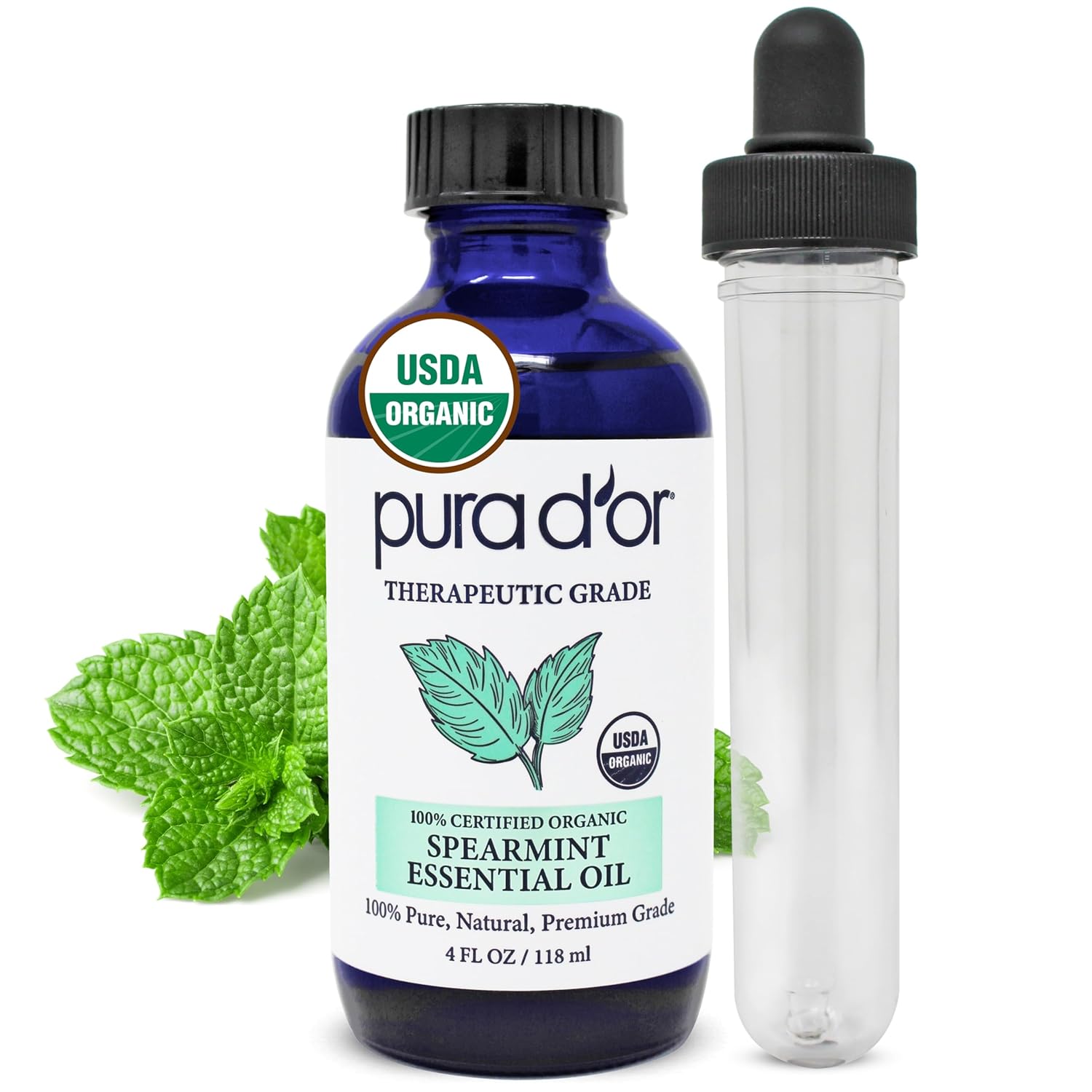 Pura D'Or Organic Spearmint Essential Oil (4Oz With Glass Dropper) Usda Certified 100% Pure & Natural Therapeutic Grade Diffuser For Aromatherapy, Focus, Concentration, Mood Uplift
