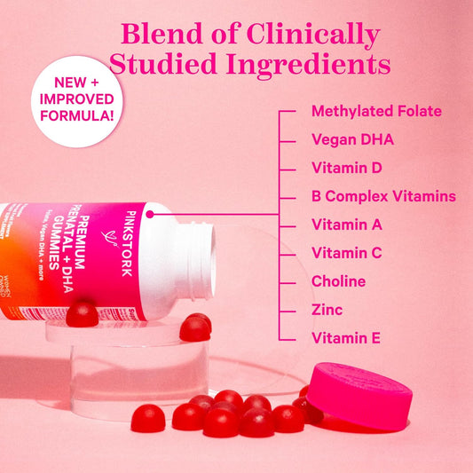 Pink Stork Premium Prenatal Gummy Vitamins With Dha, Folate, And Vitamin D - Multivitamin And Nutrient Blend For Neural Tube And Fetal Brain Development - Pregnancy Must Haves - 60 Vegan Gummies