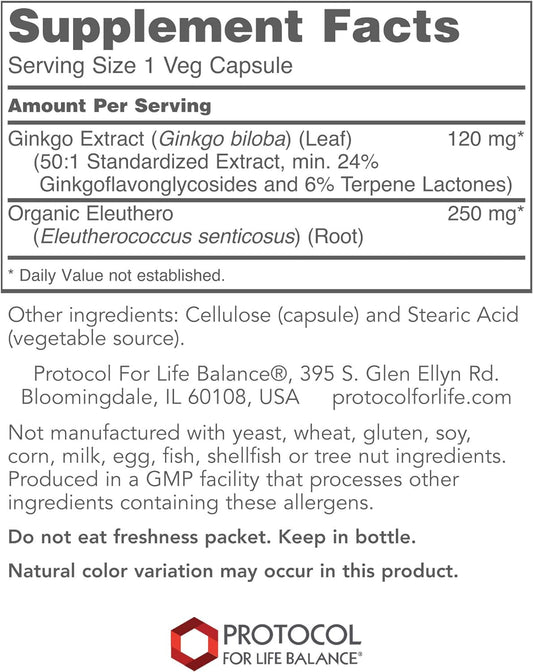 Protocol Ginkgo Biloba with Eleuthero Herbal Supplements - Circulation, Brain Support - 100 Veg Caps