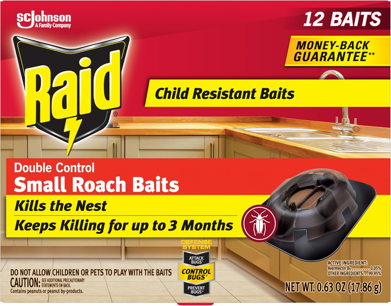 Raid Double Control Small Roach Baits, Child Resistant, For Indoor Use, Kills Roaches For 3 Months, 12 Count