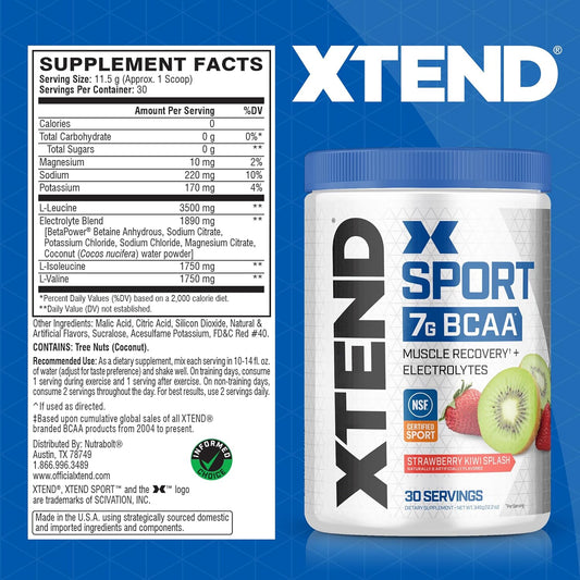 Xtend Sport Bcaa Powder Strawberry Kiwi Splash - Electrolyte Powder For Recovery & Hydration With Amino Acids - 30 Servings