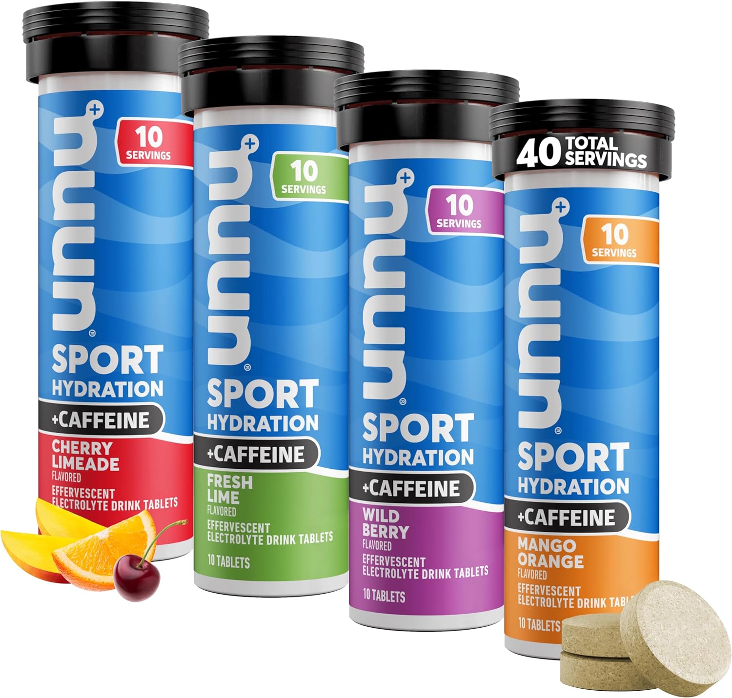 Nuun Sport + Caffeine Electrolyte Tablets For Proactive Hydration, Mixed Flavor Box, 4 Pack (40 Servings)