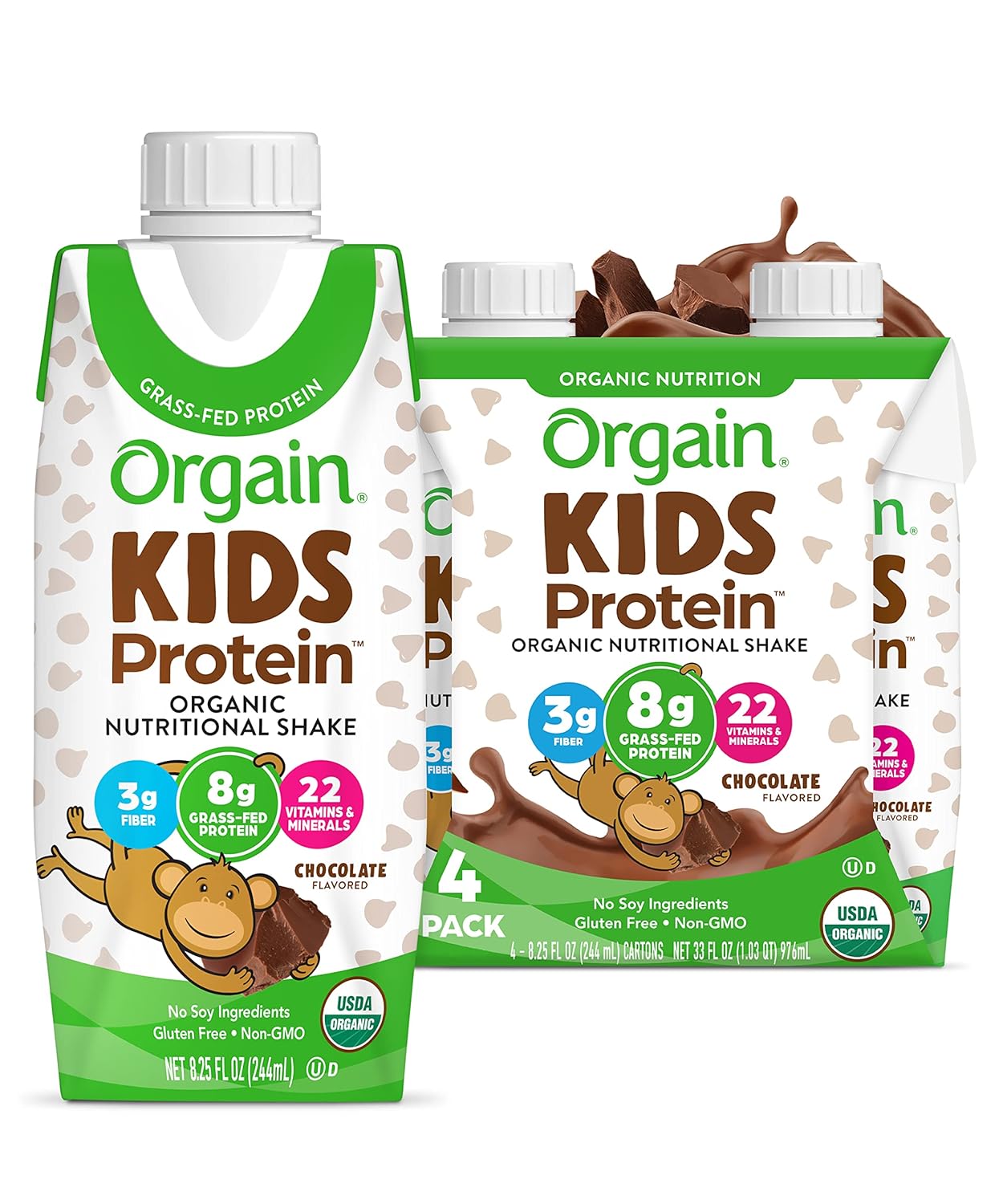 Orgain Organic Kids Nutritional Protein Shake, Chocolate, Healthy Kids Snacks, 8g Dairy Protein, 3g Fiber, 22 Vitamins & Minerals, No Soy Ingredients, Gluten Free, Non-GMO, 8.25 Fl Oz (Pack of 12)