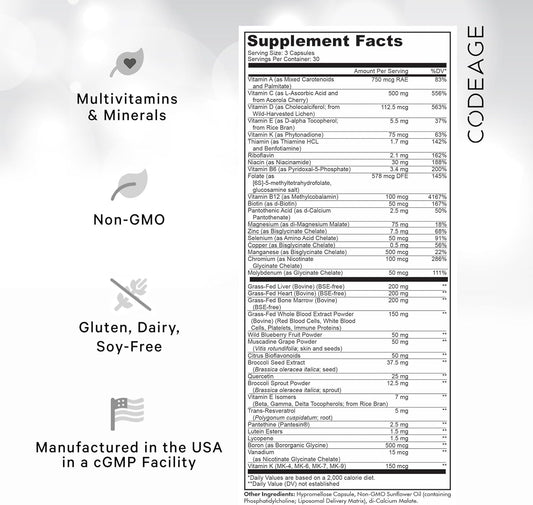 Codeage Multivitamin Performance Elite Max - Essential Vitamins For Athletes - Resveratrol, Citrus Bioflavonoids, Bovine Liver, Heart, Marrow, Wild Blueberry, Muscadine Grape, Pantethine - 90 Capsules