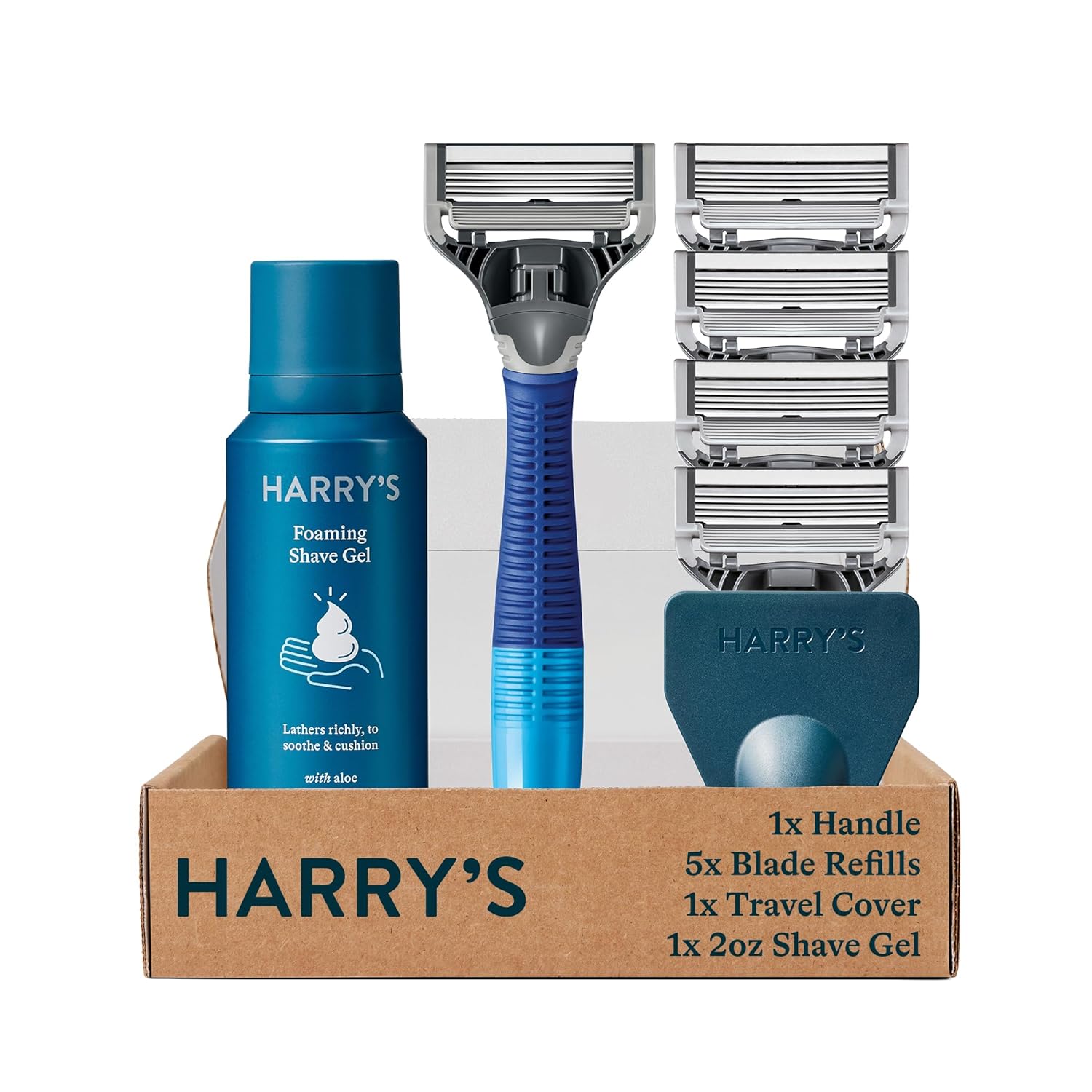 Harry'S Razors For Men - Men'S Razor Set With 5 Razor Blade Refills, Travel Blade Cover, 2 Oz Shave Gel (Ocean Blue)