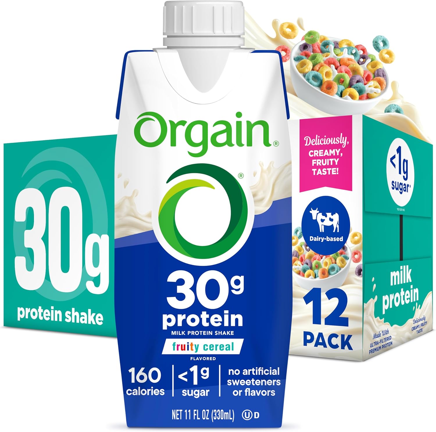 Orgain 30G High Protein Shake, Dairy Isolate Milk Protein, Fruity Cereal, 6G Bcaas, <1G Sugar Per Serving, Meal Replacement, Ready To Drink, Keto Friendly, Gluten-Free 11 Fl Oz (Pack Of 12)