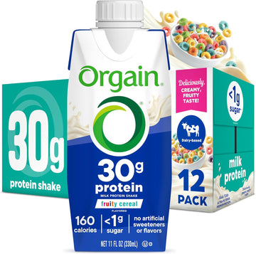 Orgain 30G High Protein Shake, Dairy Isolate Milk Protein, Fruity Cereal, 6G Bcaas, <1G Sugar Per Serving, Meal Replacement, Ready To Drink, Keto Friendly, Gluten-Free 11 Fl Oz (Pack Of 12)