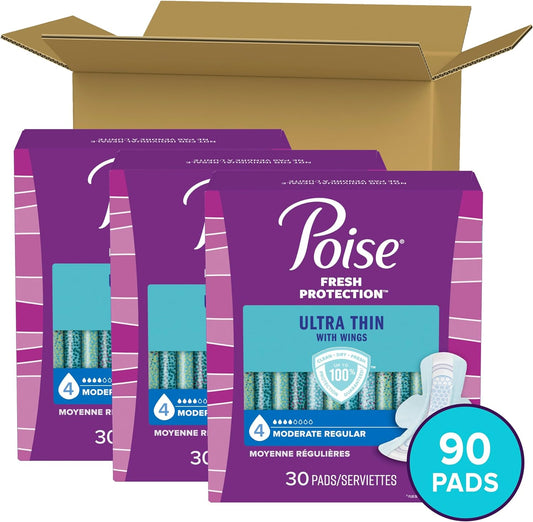 Poise Ultra Thin Incontinence Pads with Wings & Postpartum Incontinence Pads, 4 Drop Moderate Absorbency, Regular Length, 90 Count (3 Packs of 30), Packaging May Vary