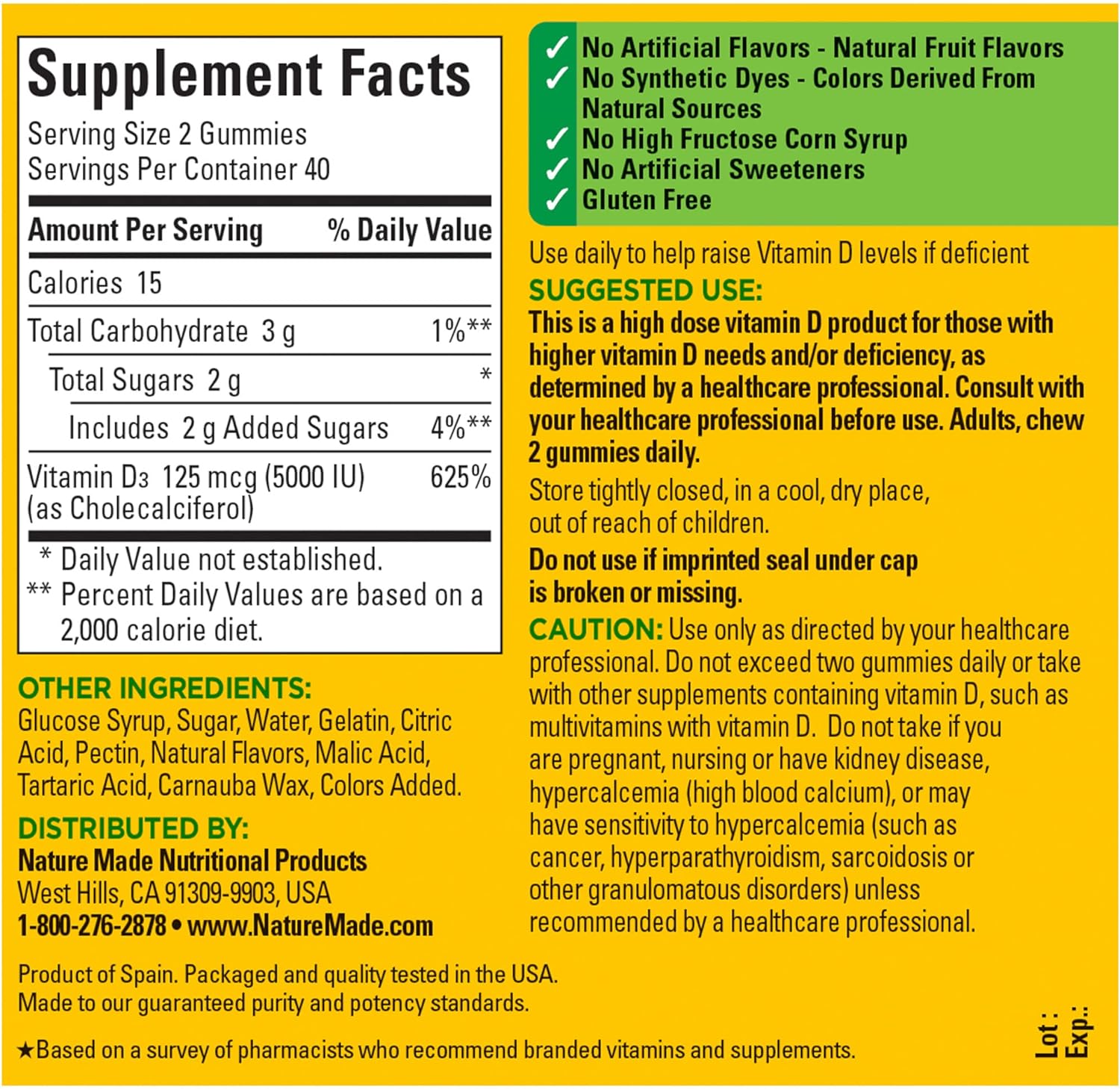 Nature Made Extra Strength Vitamin D3 5000 IU (125 mcg) per serving, Dietary Supplement for Bone, Teeth, Muscle and Immune Health Support, 80 Gummies, 40 Day Supply, 80 Count (Pack of 1) : Health & Household